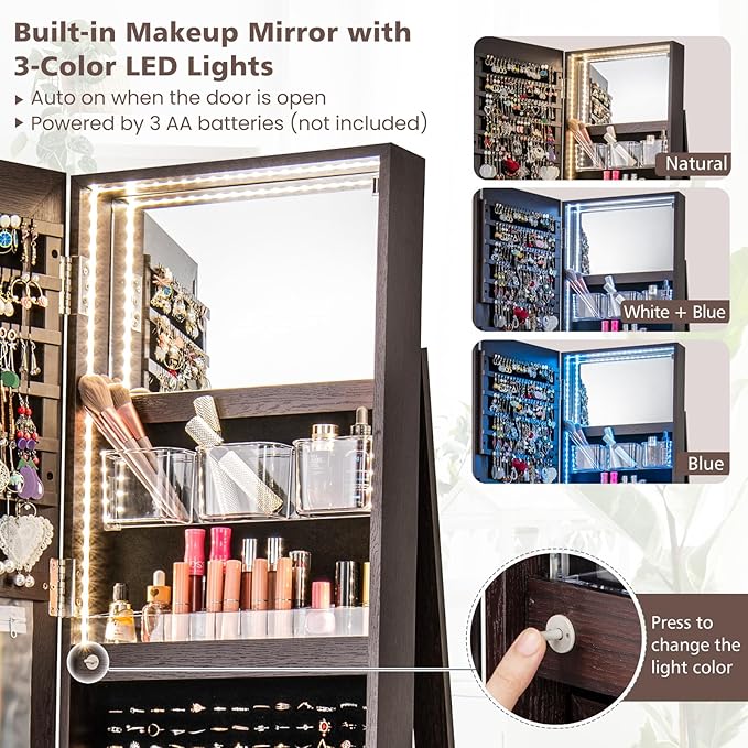 CHARMAID 360° Swivel Jewelry Armoire with Full Length Mirror, Rear Storage Shelves, Lockable Standing Jewelry Cabinet Organizer with Interior Vanity Mirror and 3-Color Lights (Espresso)