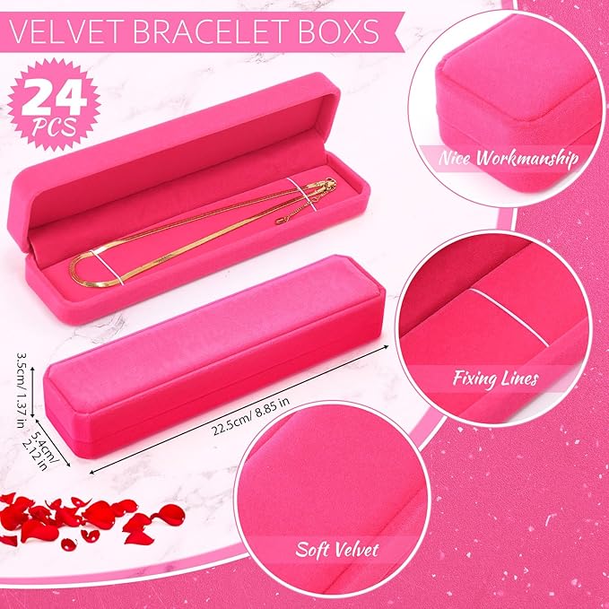 Batiyeer 24 Pcs Velvet Bracelet Box Bulk Jewelry Chain Necklace Box Bracelet Storage Case Long Jewelry Case for Valentine Wedding Pendant Display, 8.86 x 2.13 x 1.38 Inch(Hot Pink)