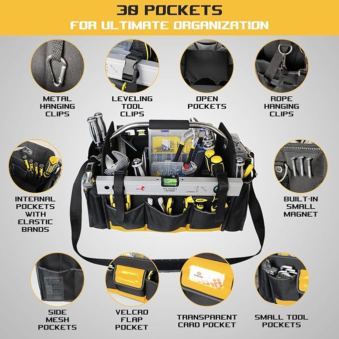 18 Inch Open Top Tool Bag, Tool Bags for Men with 30 Pockets, 1680D Waterproof Fabric, Foldable Electrician Tool Bag with Rotating Handle, Reflective Tool Organizer for Men, Yellow