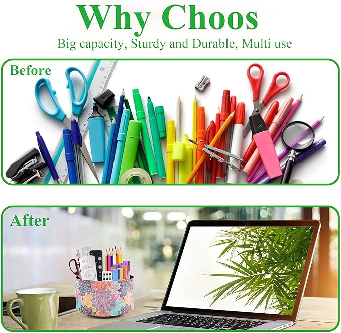 Hennaja Round Leather Art Supply Organizer,Remote Control Holder,360 Degree Rotating,Multi-Functional Pencil Holder,4 Compartments Desktop Stationary Organizer(1-Colorful Flower)