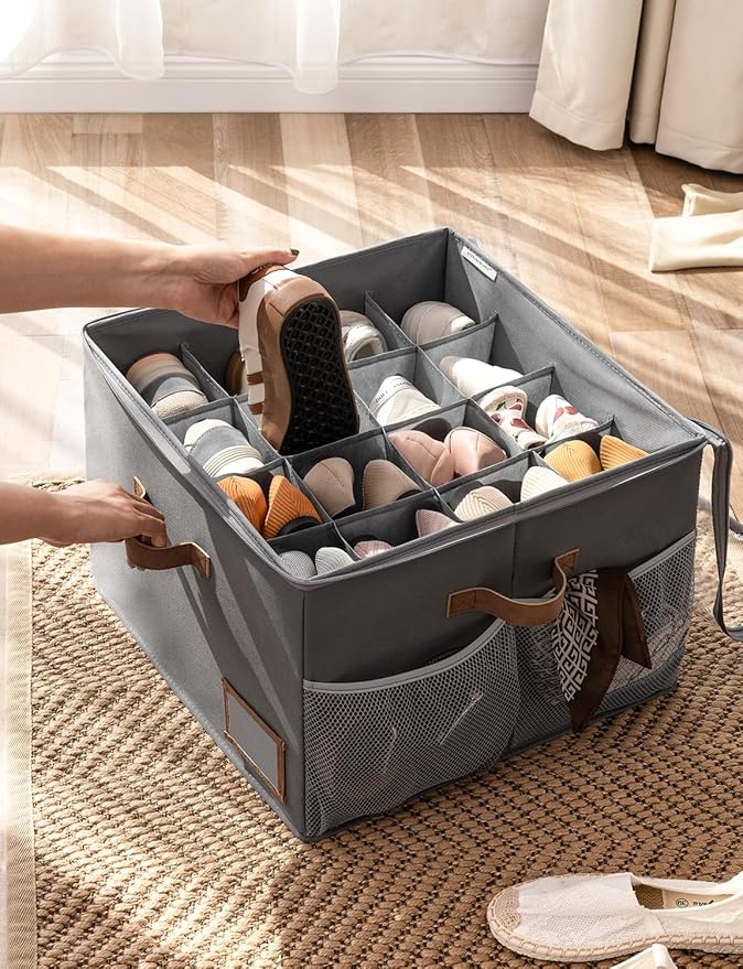 StorageWorks Shoe Organizer for Closet, Fits up to 16 Pairs, Shoe Cubby Storage Containers with Side Mesh Pocket and Clear Cover, Grey
