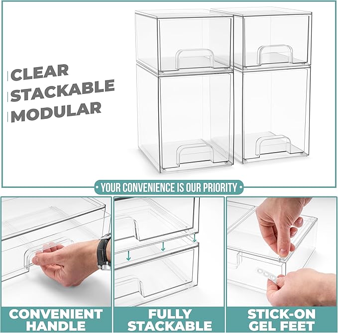 Sorbus Stackable Acrylic Storage Drawers, 4 Pack Clear Plastic Organizer Bins for Baby Bottles, Makeup, Bathroom, Vanity & Countertop Organization, Pull-Out Drawer Design for Cabinets & Pantry