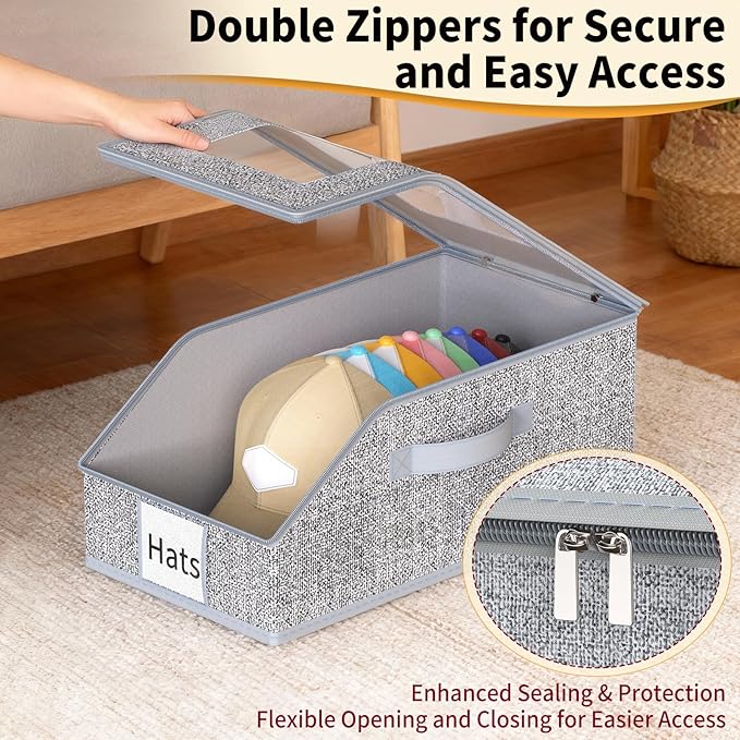 3 Pack Stackable Hat Organizer for Baseball Caps, Hat Storage with Clear Window Lid, Holds up to 45 Ball Cap Storage Organizer, Foldable Hat Box Holder with Cardboard, for Closet Bedroom Shelf(Grey)
