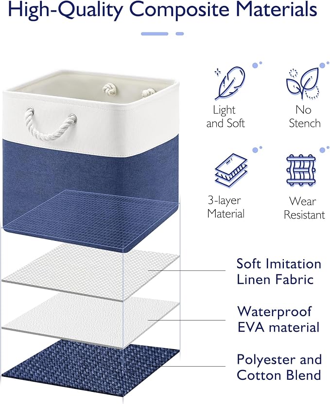13x13x13 Storage Cube Bins,Set of 4, Large Foldable Fabric Storage Cubes with Handles for Organizing Home, Closet, Shelf, Office(White&Blue)