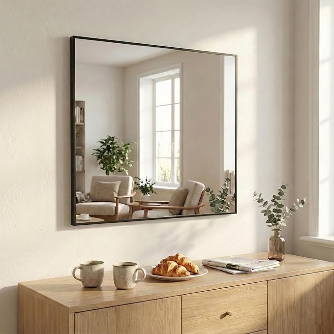 30''x30'' Square Black Bathroom Mirror, Matte Metal Framed Wall Mirror, Modern Geometric Vanity Mirror for Double Sink, Farmhouse Decor, Flush Mount