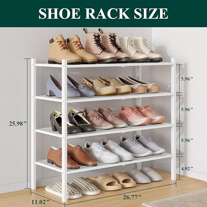 Smiry Bamboo Shoe Rack 4-Tier, Stackable Wooden Shoe Organizer for Entryway & Closet, Free Standing Wood Shoe Storage Shelf for Front Door & Small Spaces, White