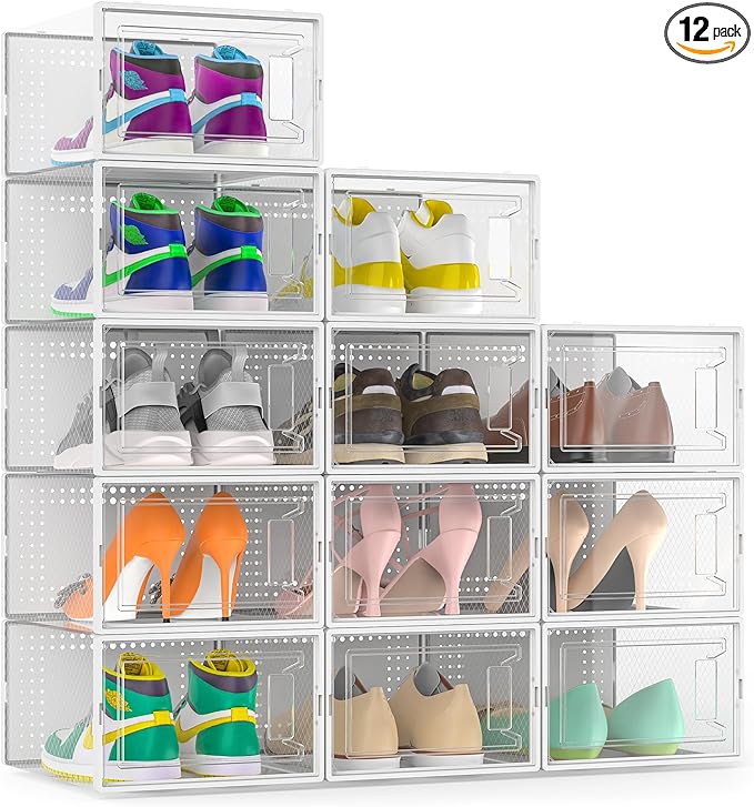 Secret Space 12 Pack Large Shoe Organizer Storage Boxes for Closet, Modular Space Saving Shoe Boxes Clear Plastic Stackable Sneaker Containers Display Case with Lids, White