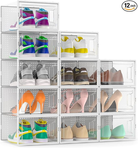 Secret Space 12 Pack Large Shoe Organizer Storage Boxes for Closet, Modular Space Saving Shoe Boxes Clear Plastic Stackable Sneaker Containers Display Case with Lids, White