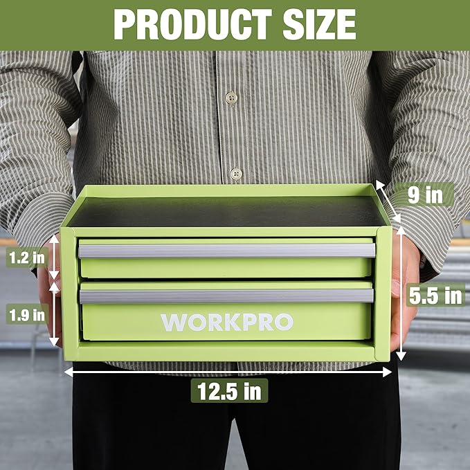 WORKPRO 12.5" Mini Tool Box with 2 Drawers & 1 Open Top Storage, Small Metal Tool Chest with PVC Liners & PP Feet Pads, Cold Rolled Steel Toolbox with Drawer Liners & Magnetic Tabs