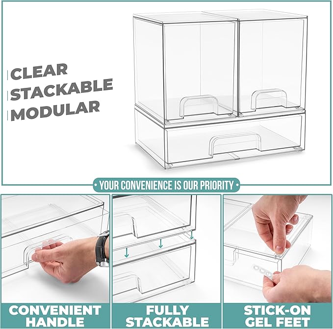 Sorbus Stackable Acrylic Storage Drawers – 2 Tall + 1 Wide – 3 Pack Clear Plastic Organizer Bins for Baby Bottles, Makeup, Bathroom & Vanity, Pull-Out Drawer Design for Kitchen Cabinets