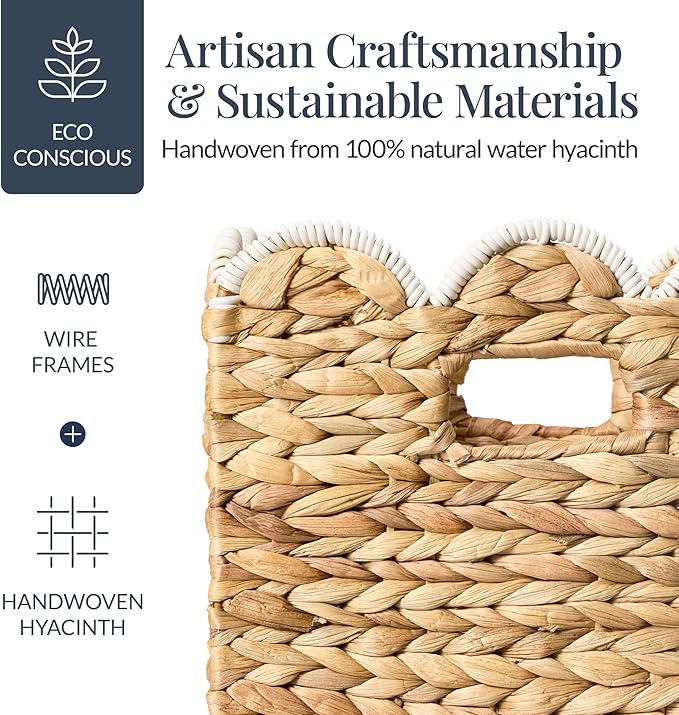 Best Choice Products 10.5x10.5in Scalloped Hyacinth Baskets, Set Of 5 Multipurpose Collapsible Storage Organizer, Handwoven Laundry Totes for Bedroom, Living Room, Shelves – Natural w/White Trim