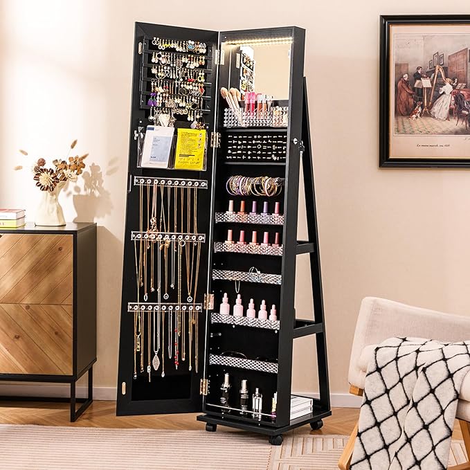 CHARMAID Jewelry Cabinet Armoire with Wheels, 64" Full Length Mirror with Jewelry Storage, 3-Color LED Lights, Adjustable Shelves, Lockable Standing Jewelry Organizer with Back Shelves (Black)