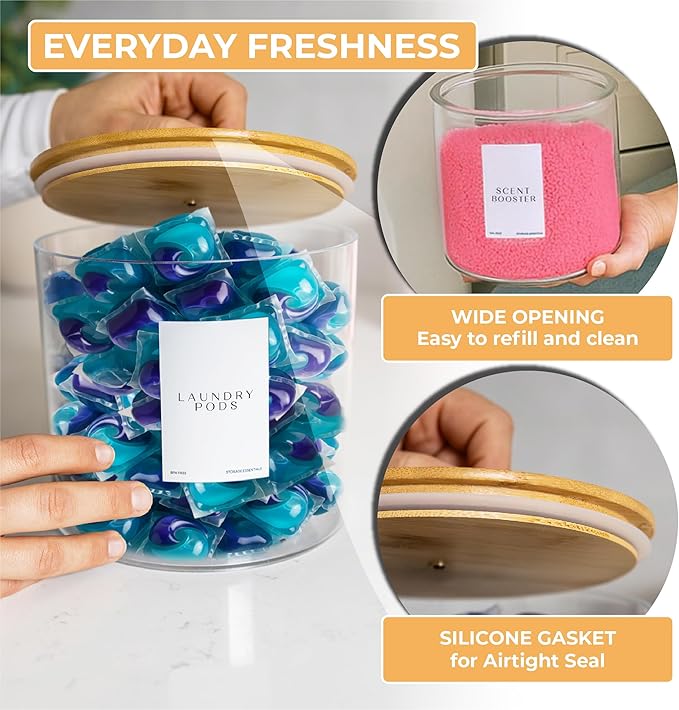 Laundry Pods Containers for Organizing Dryer Sheet Holder & Laundry Jars with Lids, Labels & Scoops - Acrylic Laundry Storage Containers for Powder, Pods, Detergent, Scent Booster