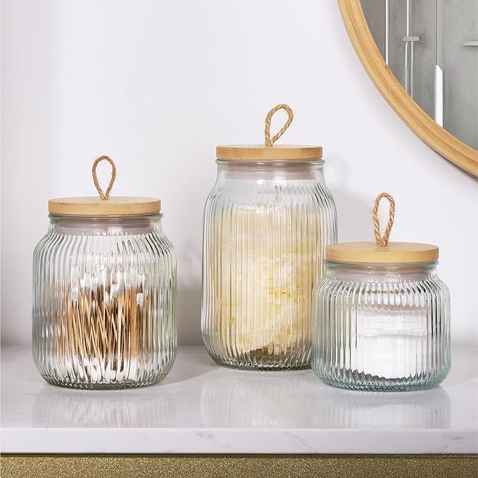 Navaris Bathroom Storage Ribbed Glass Canister Set of 3 - Multipurpose & Airtight for Cotton Wool Ear Buds, Pads, Q Tips, & Make Up - Organiser for Vanity & Dressing Table Decor