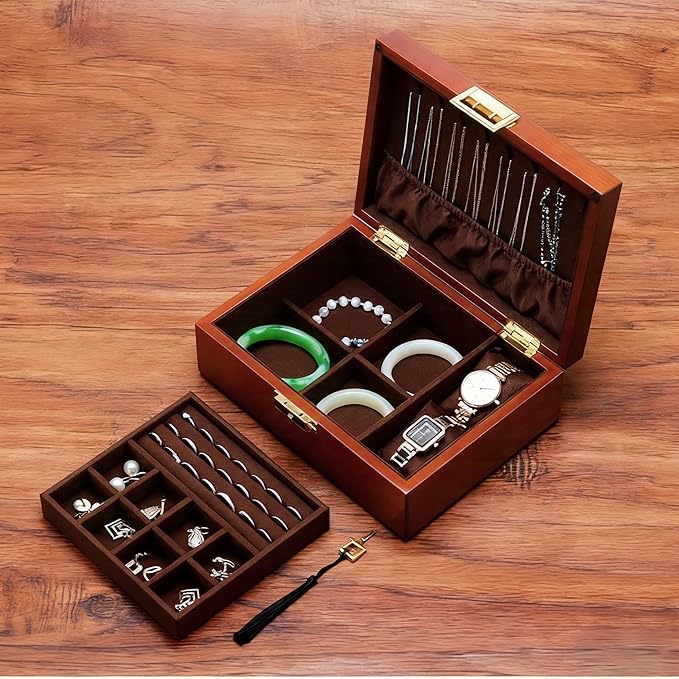 Bescott 2 Layer Solid Wooden Jewelry Box with Lock and Key for Women Men Vintage Velvet Wood Jewelry Organizer Storage for Earrings Rings Necklaces Bracelet Watch Mother’s Day Gift