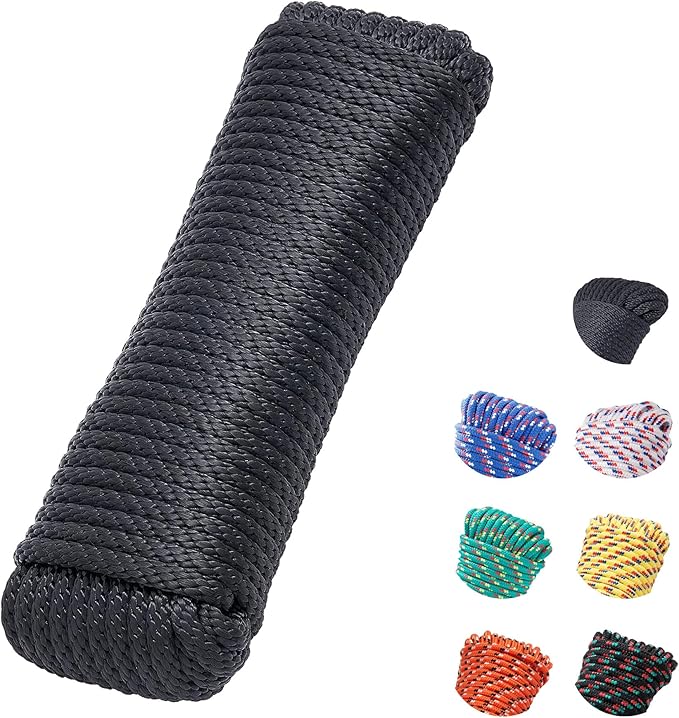 3/8 Inch 100 ft Solid Braided Polypropylene Rope, Outdoor Ropes, All Purpose Boat Marine Thick Tie for Camping and Flag Pole, Indoor and Outdoor Use, Black