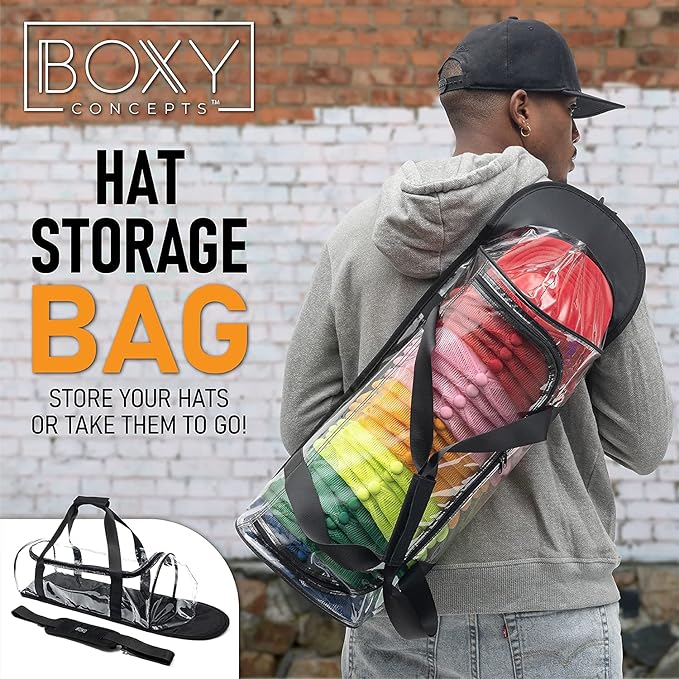 Boxy Concepts Transparent Dome Hat Storage Bag - Black, 27 x 9 x 8 in - Holds 24 Caps as Baseball Cap Organizer - Travel-Friendly Headwear Organizer - Hat Rack for Wall