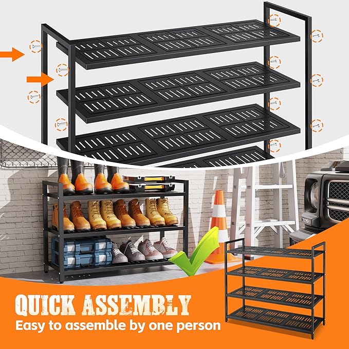 3-Tier Heavy Duty Metal Shoe Rack, 200 lbs Load Capacity Shoe Organizer with Reinforced Steel Tubes, No-Wobble Free Standing Shoe Shelf for Entryway, Closet, Bedroom, Dorm – Easy Assembly, Black