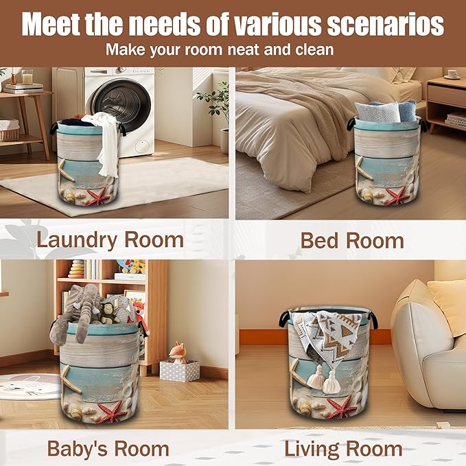 Beach Seashell Starfish Laundry Baskets,Blue White Wooden Laundry Hamper,Storage Basket with Handles for Bathroom Bedroom College Dormitory Living Room Nursery Organizer 16"x20.8"