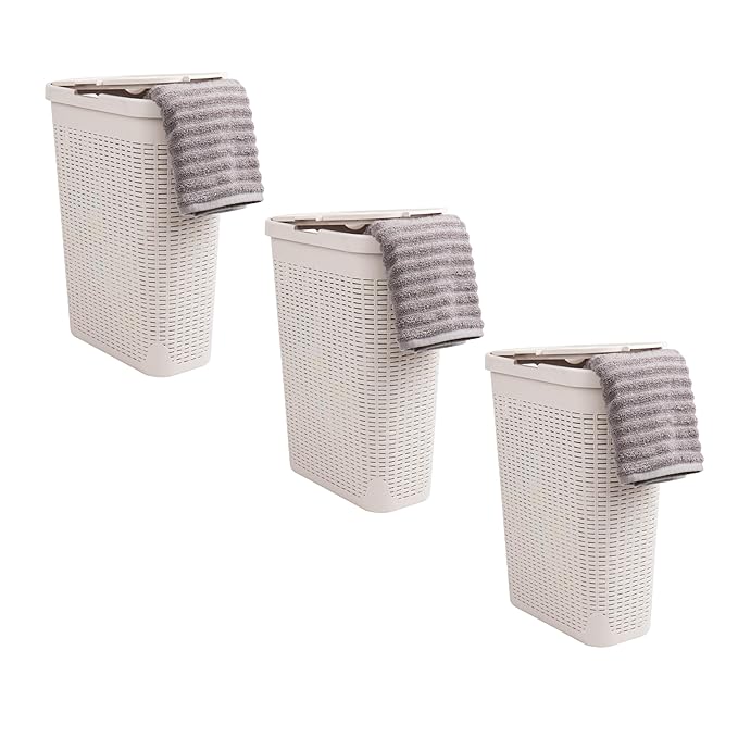 Mind Reader 40L Slim Laundry Hamper, Clothes Basket, Lid, Premium Wicker Design, Plastic, Set of 3, Ivory
