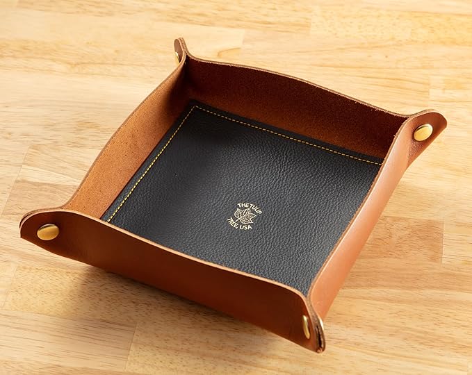 USA Handmade Premium Leather Valet Tray, Folds Flat! Dice Rolling Basket and Organizer with Brass Snaps (Chestnut and Blue Gold, Large)