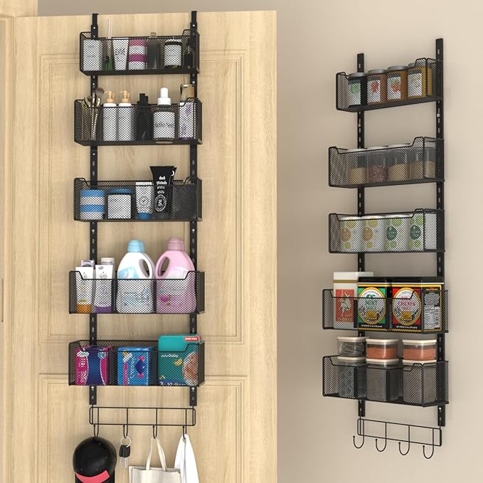 Over The Door Organizer, Metal Door Organizer Hanging with 5 Adjustable Baskets and Coat Hook, Behind The Door Storage for Bedroom Closet Bathroom Pantry Cabinet Kitchen, Black
