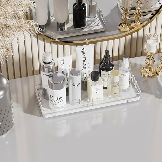 Bathroom Vanity Tray for Countertop Toiletries Perfume Makeup Soap Dispenser Toilet Tank, Kitchen Tray for Salt Spice, Decor Tray for Candle Nightstand Coffee 11.3”x 4.4” White