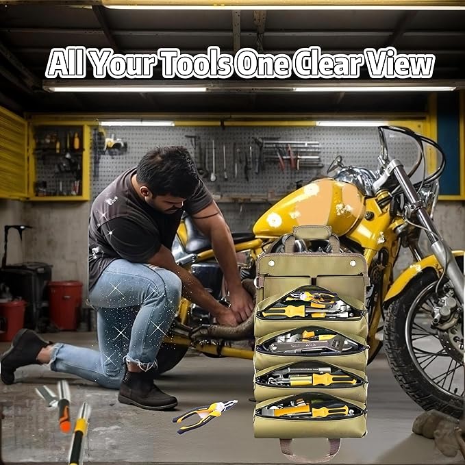Roll Up Tool Bag-Tool Roll Organizer Heavy Duty Portable Tool Roll Bag for Mechanic Handyman Electrician Motorcycle Tools, Durable Tool Storage Gift for Men, Dad Birthday Gift
