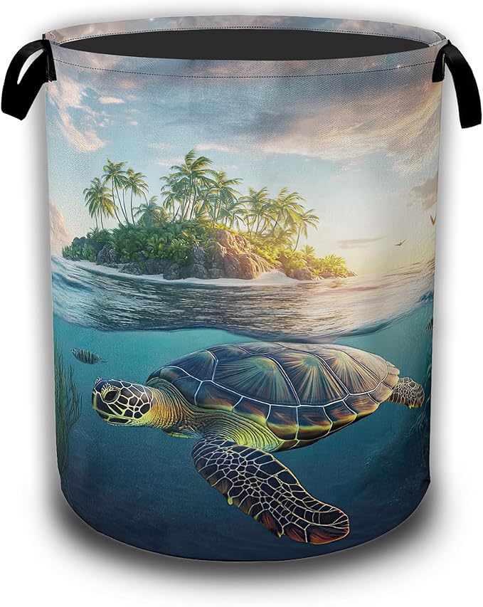 Sea Turtle Tropical Island Laundry Hamper,Laundry Baskets,Waterproof Oxford Cloth Toy Storage for Bedroom,Bathroom,Nursery,16x20.8 Inch
