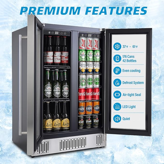 24 inch Beverage Refrigerator Cooler, 5.4 Cubic/176 Can Large Fridge Dual Zone with Glass Front Door, Beer or Wine, Under Counter Small Refrigerator with Adjustable Shelves and Digital Display
