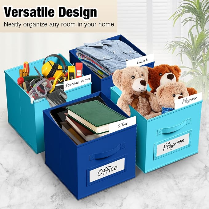 10 Pcs Fabric Storage Cubes with Labels 11 Inch Collapsible Cube Organizer Baskets with Window Cards for Shelf Nursery Clothes Book Toys Storage Bin(Lake Blue, Navy Blue)