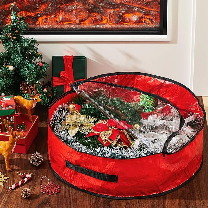 4 Pcs Christmas Wreath Storage Bag, Christmas Garland Storage Container with Clear Window, Zipper & Handle for Xmas Holiday Seasonal Wreath Garland Box(Red,24")