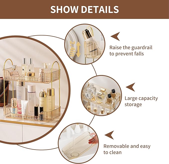 2 Tier Bathroom Organizer Countertop Makeup Perfume Tray Skincare Organizer for Bathroom Dresser Vanity (Gold)