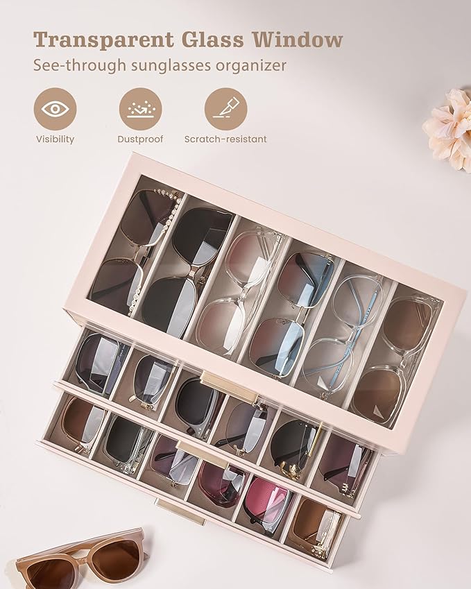 Lolalet Beige Sunglasses Storage Box for Women, Eyewear Eye Glass Organizer with Clear Top Lid Display Holder Case