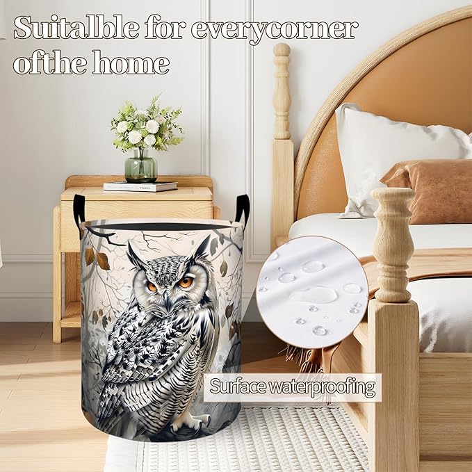 Majestic Owl Laundry Basket 19.7"x15.7", Collapsible Dirty Clothes Waterproof Forest Animal Laundry Hamper Organizer Toy Storage Bin for Dorm Nursery Bathroom Decor