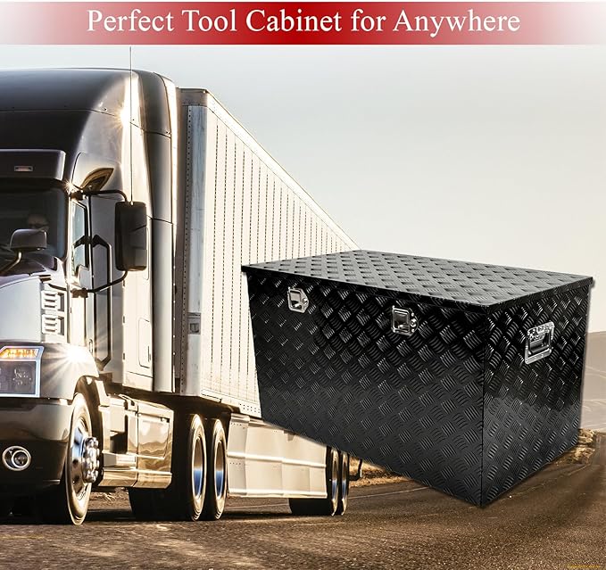 44''Inch Aluminum Truck Tool Box Truck Bed Toolbox Truck Trailer Chest Box Trailer Underbody Storage Organizer Waterproof Square Storage Organizer w/Lock & Keys Black(‎44" x24''x24'')