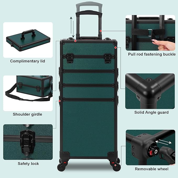 Makeup Train Case, Rolling Makeup Case with Lid, 5 in 1 Cosmetology Case on Wheels, Christmas Gift, Large Makeup Case Organizers, Profesional Cosmetic Case for Salon Barber, Black Green
