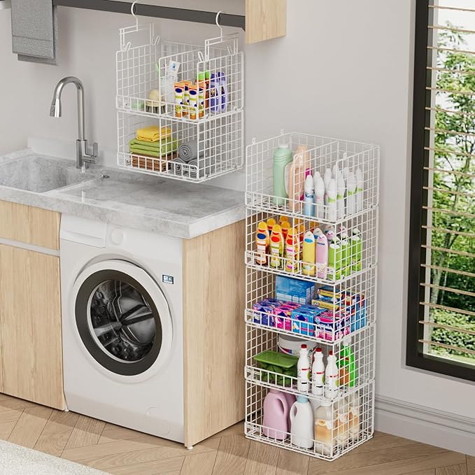 5 Tier Hanging Closet Organizer with Adjustable Dividers, Heavy-Duty Storage Shelves for Clothing, Kitchen, Laundry Room, Extra Large Baskets, 15.7" W x 11.8" D x 51" H, White