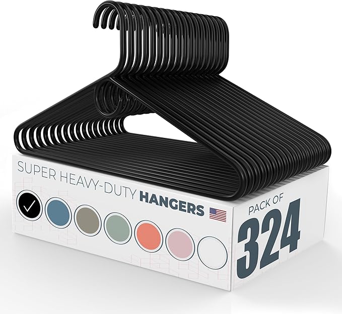 Neaties Super Heavy Duty Clothes Hangers 100+ Pack (324 Count) – Made in The USA - 10lb Capacity, Thick Plastic Hangers for Pants, Coats, Jackets, Jeans and Adult Clothing – Black