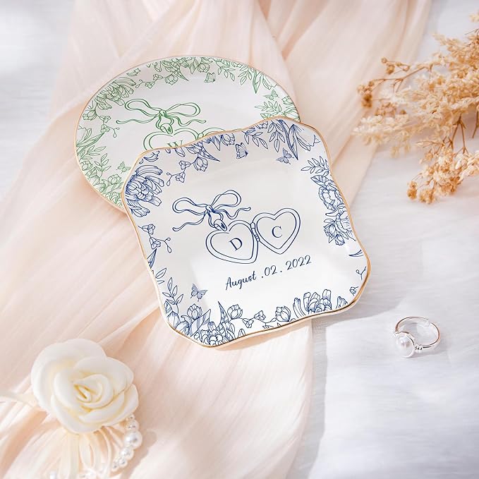 Chillever Custom Locked Ring Dish, Personalized Jewelry Holder, Toile De Jouy Trinket Tray, Engagement Gift for Her, Wedding Keepsake Jewelry Dish, Memorial Gifts, Custom Couple Keepsake 6