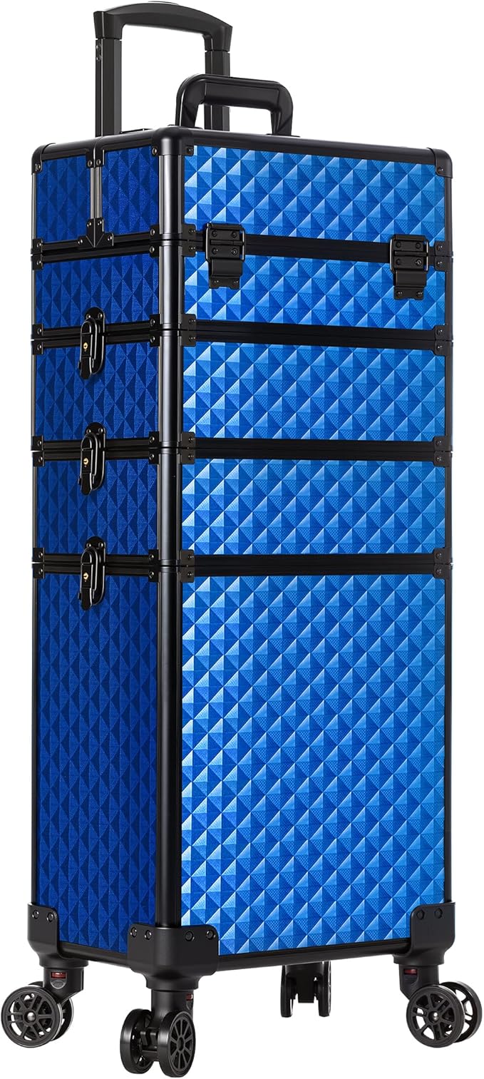 AROUS Rolling Makeup Train Case 4 in 1 Cosmetology Case on Wheels Large Storage Cosmetic Trolley with Key Salon Barber Case Traveling Cart Trunk, Blue