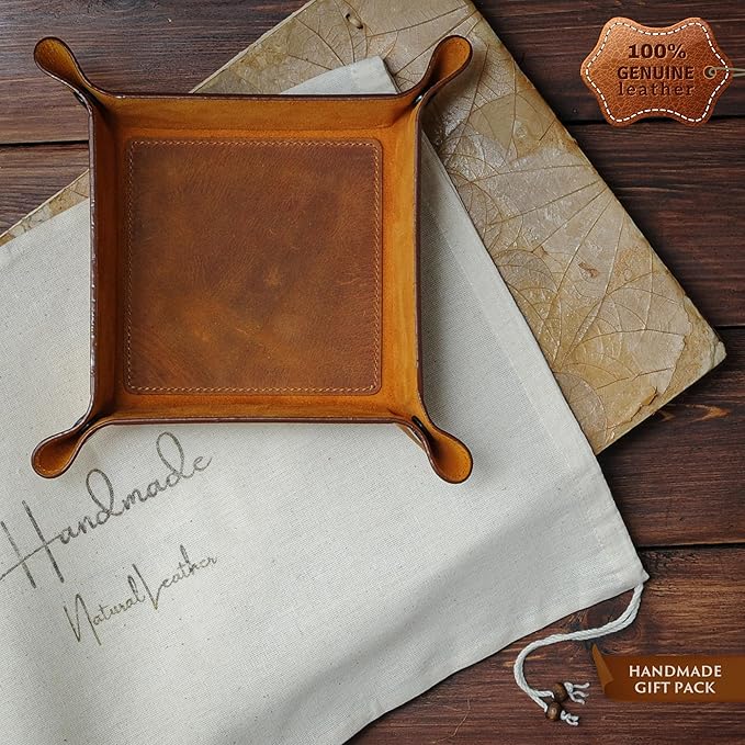 Handmade Leather Catch All Tray and Organizer for Keys, Phones, Jewels, Coins, Square - Medium, Light Camel