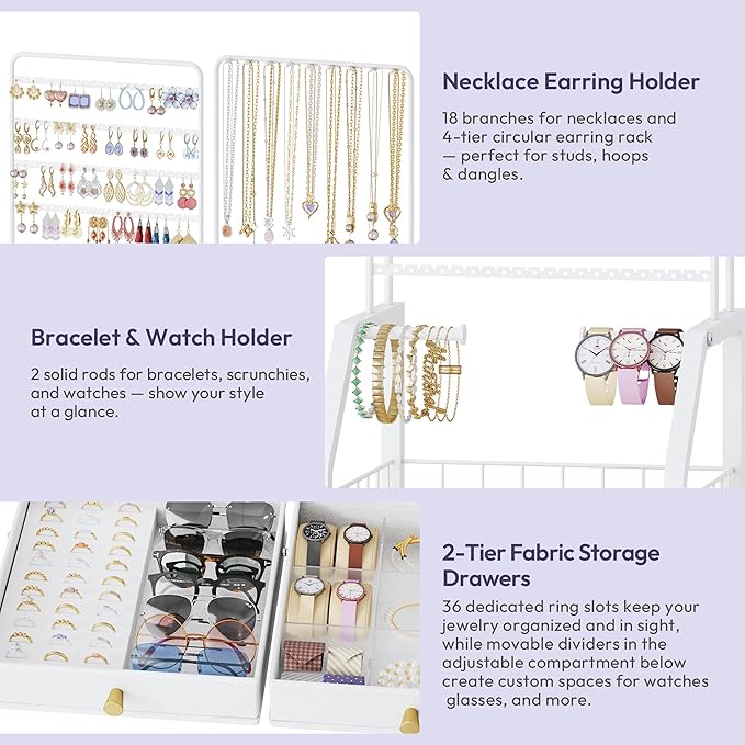 SWTYMIKI Large Jewelry Organizer Stand - Multifunctional Rack Tower for Necklace, Earring, Ring & Bracelet Display - Moveable Storage Jewelry Holder Stand with 4 Nonwoven Drawers for Bedroom White