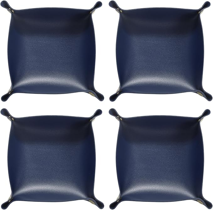 HARFINGTON 4pcs PU Leather Valet Tray Unisex Folding Small Catchall Tray Portable Entryway Table Tray Nightstand Bedside Desk Tray for Key Wallet Watch Coin Jewelry Dice, Dark Blue
