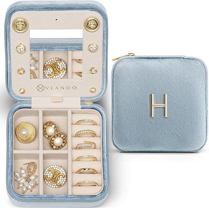 Vlando Jewelry Case for Girls Womens Fashion, Pink Jewelry Box Travel Must Haves, Jewelry Box for Girls, Small Travel Jewelry Case Birthday Gifts for Travel Gifts for Women - Letter H, Blue