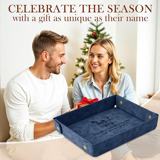Engraved Christmas Blue Leather Valet Tray – Personalized Rectangle Catchall Organizer for Wallet, Keys, and Jewelry – Gift for Men, Dad, Couples – Dresser Top or Coffee Table Tray Decor