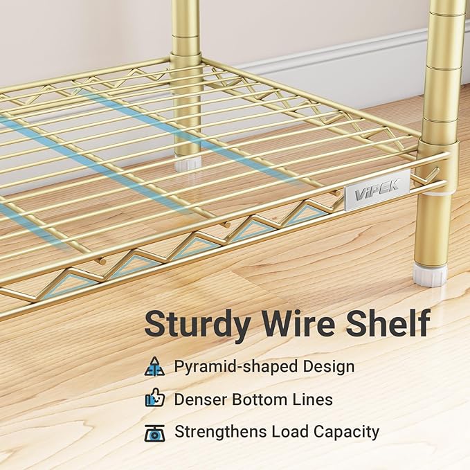 VIPEK X20 Expandable Metal Clothing Rack Adjustable from 3'3" to 4'8" Heavy Duty Garment Racks with Adjustable Shelves and Hanger Rods Portable Wardrobe Open Closet Rack System, Gold
