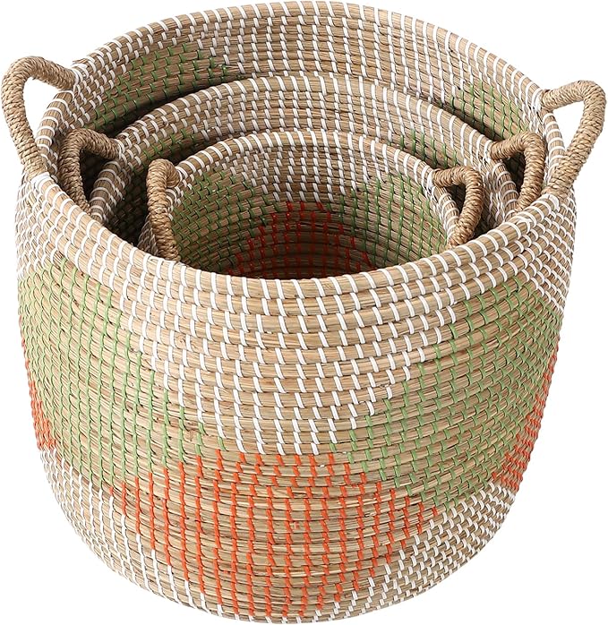 Laundry Basket, 3 Pack Seagrass Baskets, Handwoven Woven Laundry Hamper with Handles, 56L, 28L, 15L for Decor Storage of Dirty Clothes,Toys and Blankets in Bathroom, Nursery, Living Room