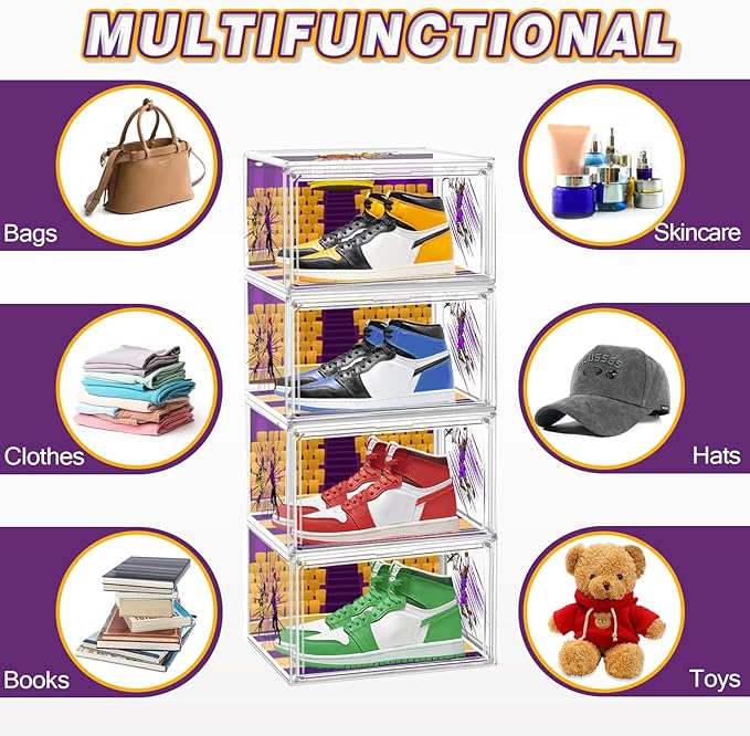 10 Pack Acrylic Shoe Box Size 14, Transparent Basketball Sneaker Case Shoe Orgainizer Storage Bins Clear Plastic Stackable Handbag Purse Hats Organizer Containers with Lids