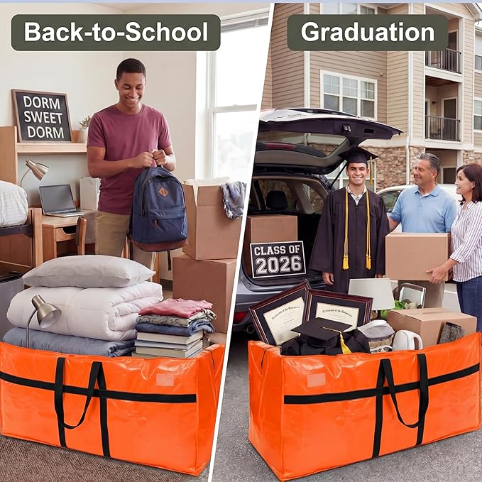 4 Pcs 176 Gallon Extra Large Moving Bags Heavy Duty Storage Bag with Strong Zipper Handle Foldable XXL Jumbo Storage Tote Packing Moving Box for College Dorm Travel Cloth Duffle (Orange)